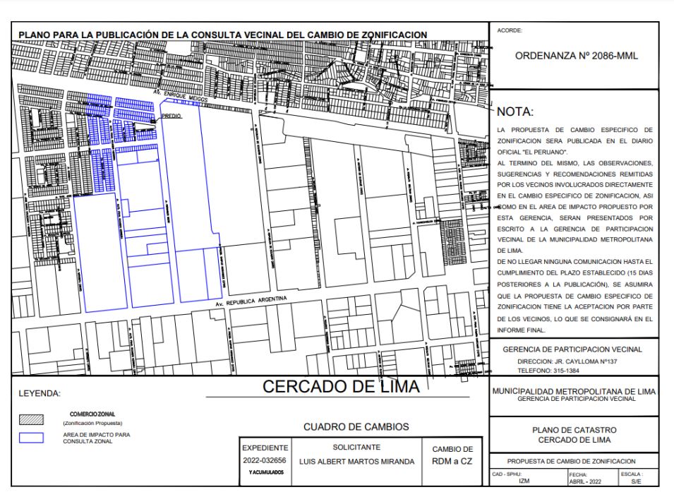 Consulta vecinal del cambio de zonificación - Expediente 2022-032656